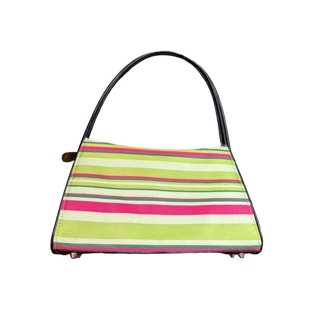 Colorful Striped Handbag With Black Handles & Zip Closure